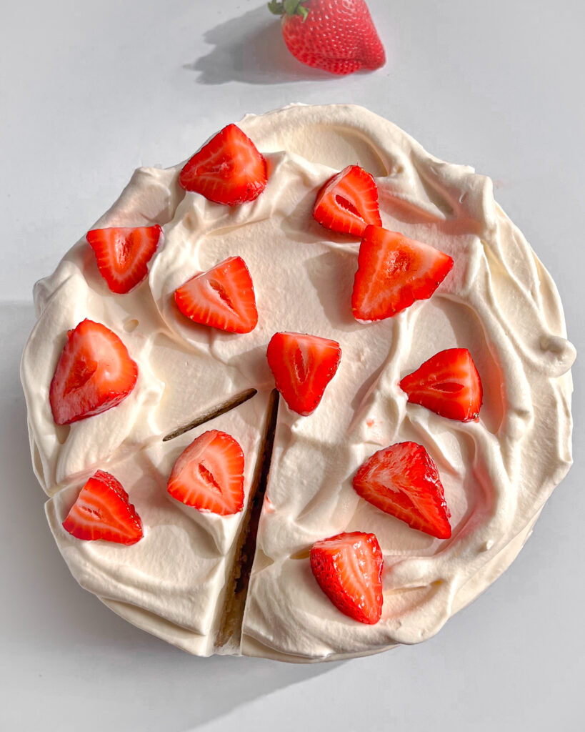 Dairy-free strawberry and cream cake with whipped frosting