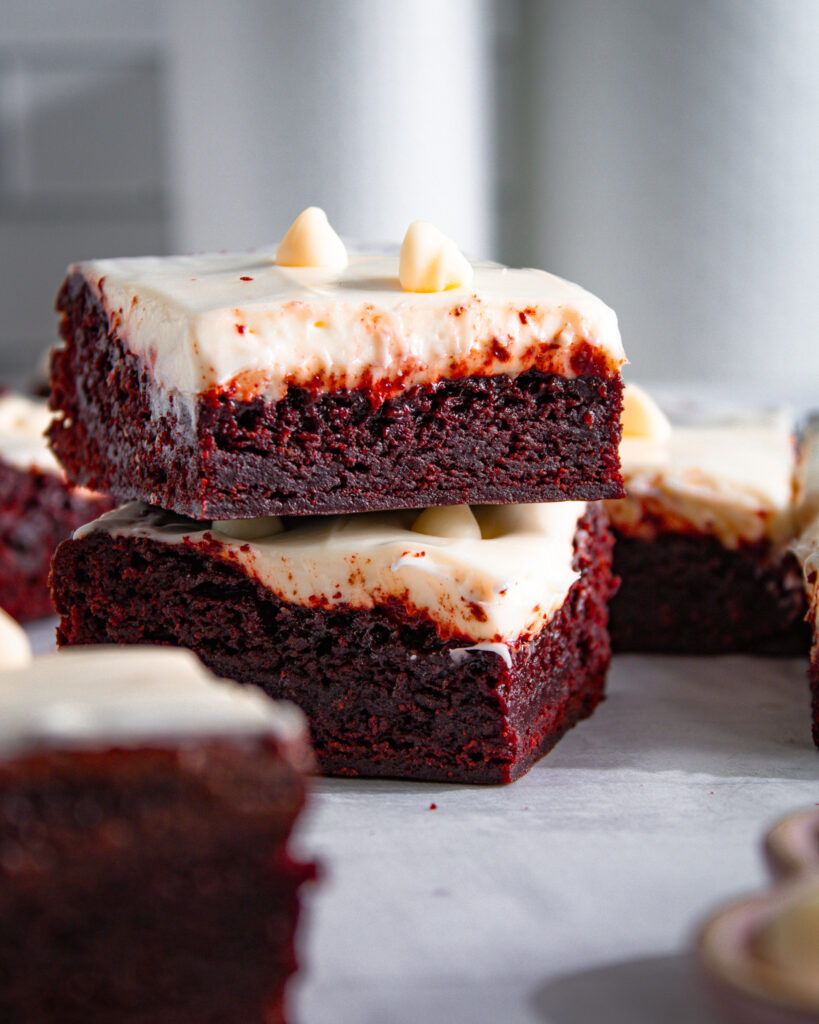 Egg-free red velvet brownies with cream cheese frosting