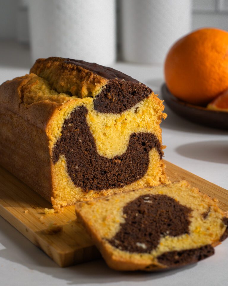 Bakery style chocolate orange marble loaf cake