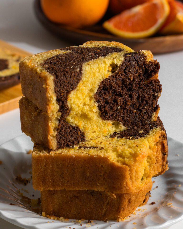 close up of Bakery style chocolate orange marble loaf cake