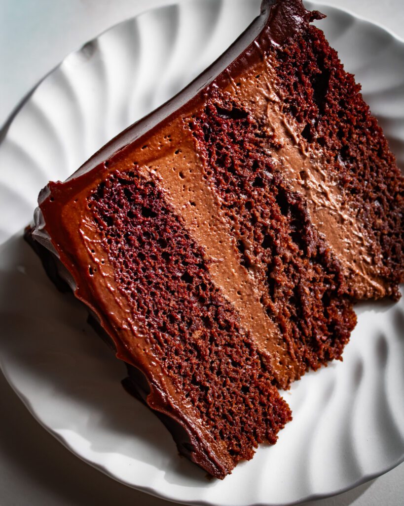 close up of bakery style eggless chocolate cake