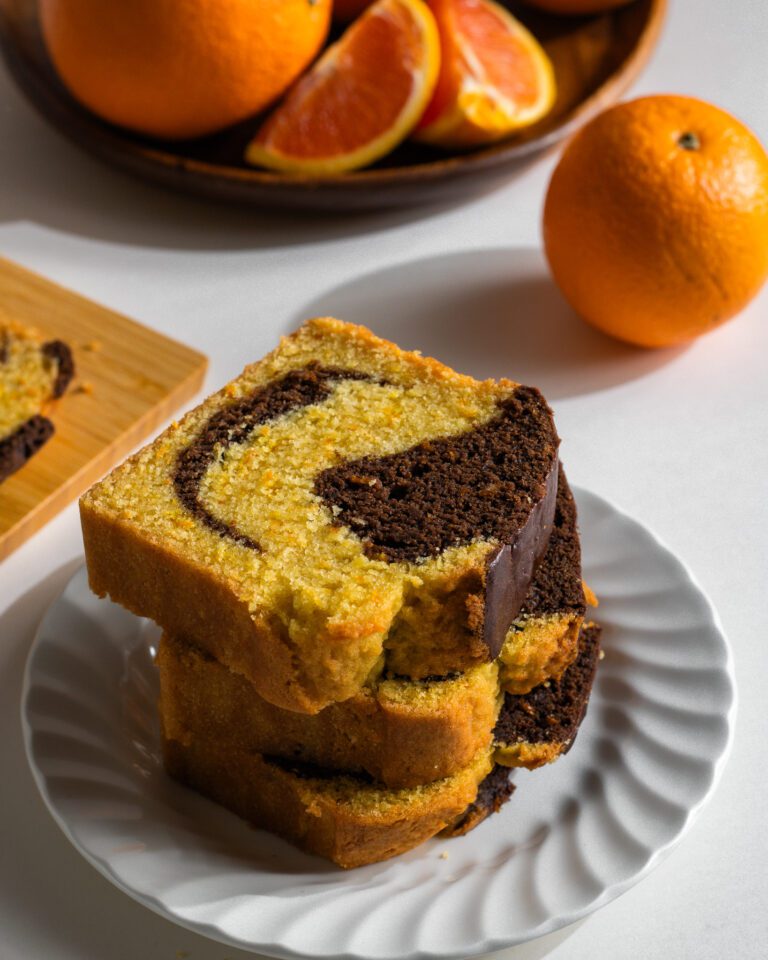 sliced Bakery style chocolate orange marble loaf cake