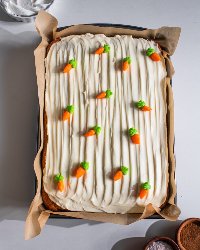 vegan carrot cake with creamy not-too-sweet frosting