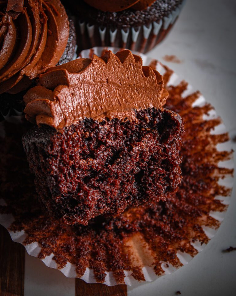 Homemade eggless dairy-free chocolate cupcakes with soft fluffy texture
