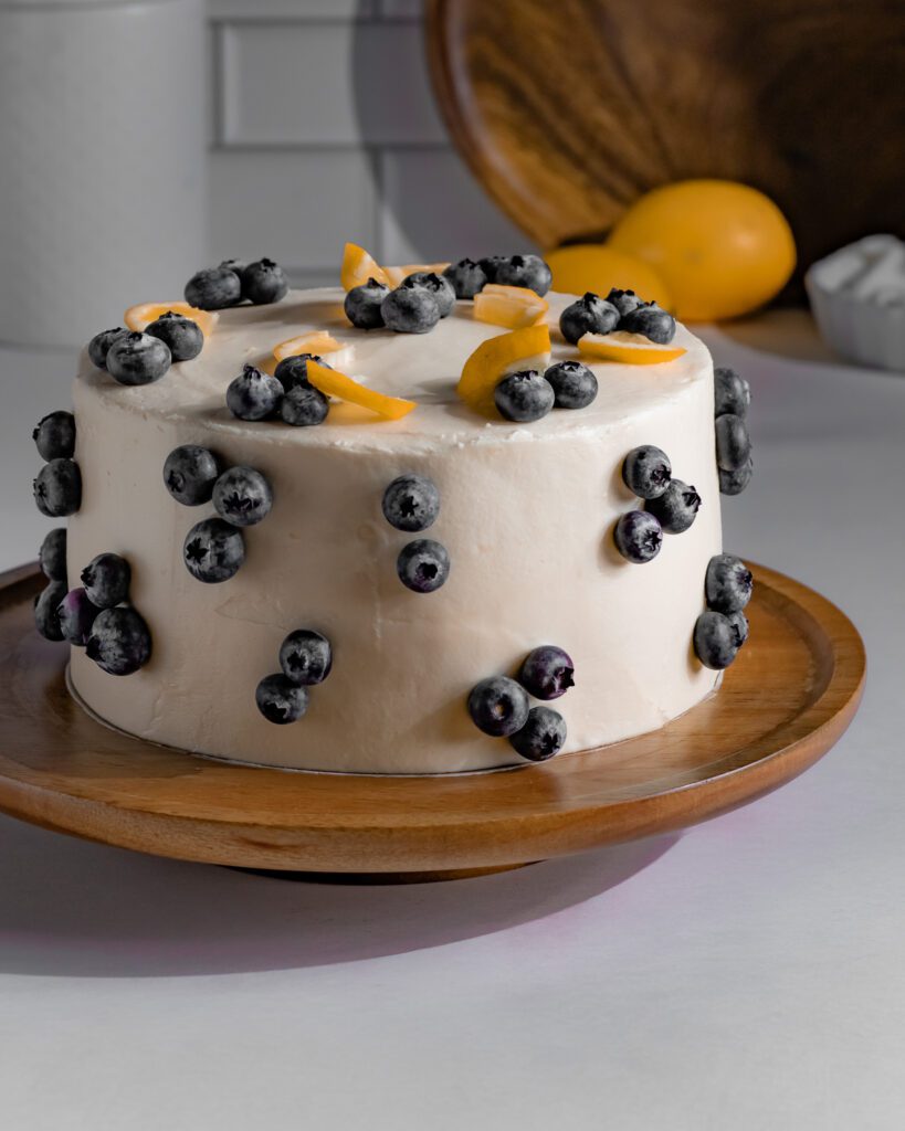 Homemade vegan eggless blueberry cake with frosting