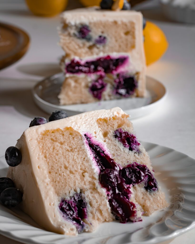 Light and fluffy eggless blueberry cake texture shot