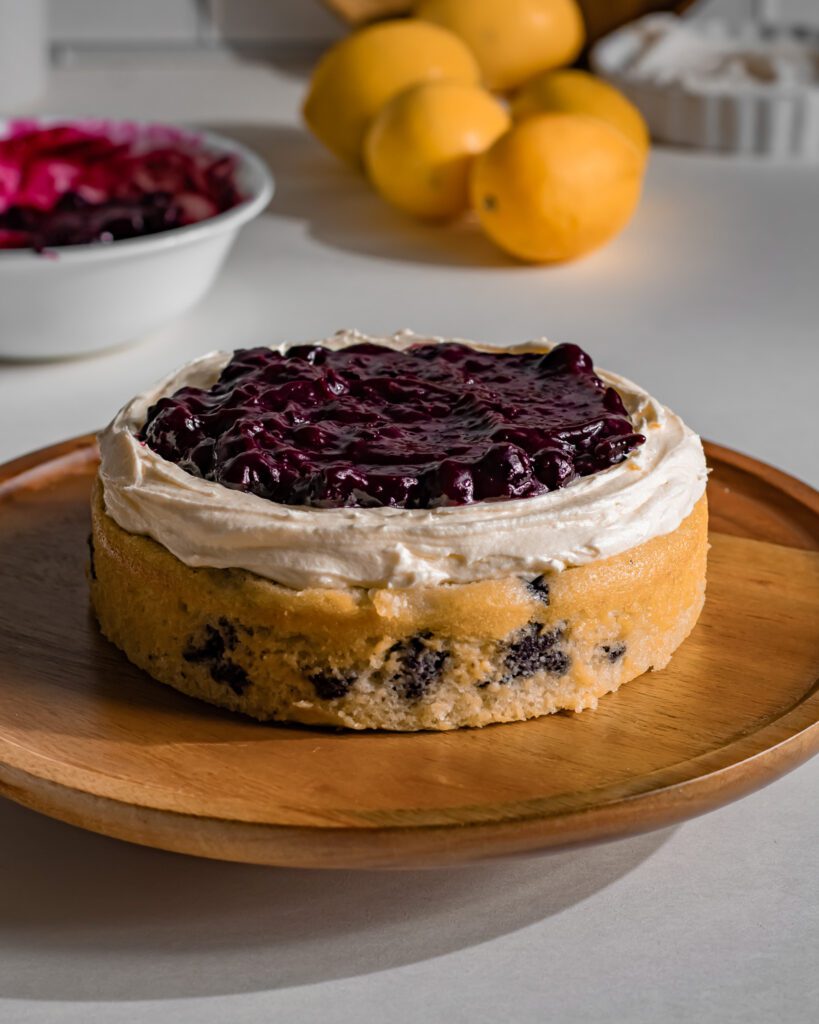 Soft blueberry cake with bluebrry jam dairy-free option