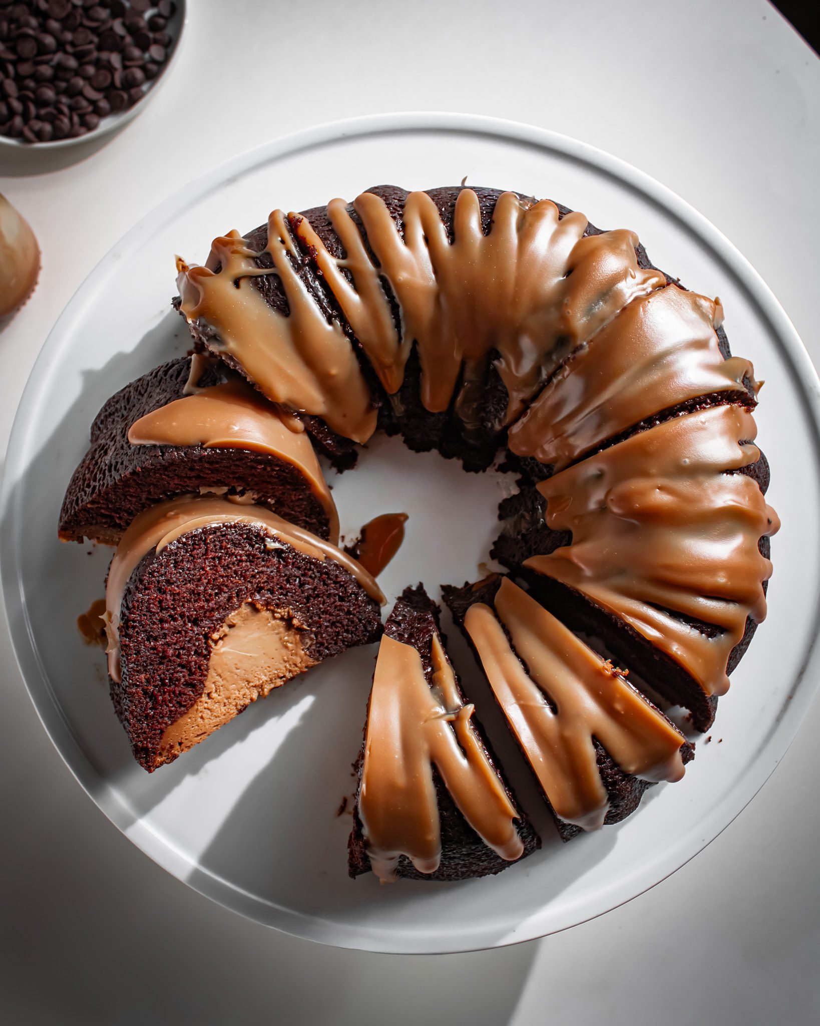 Chocolate bundt cake with silky coffee icing on top