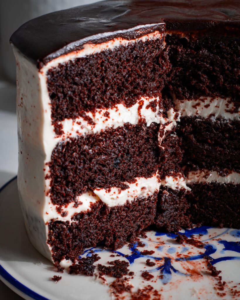 Close-up of moist eggless chocolate cake crumb texture jpg