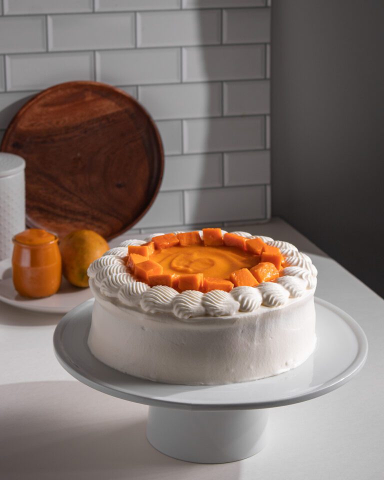 Finished mango cream cake ready to serve