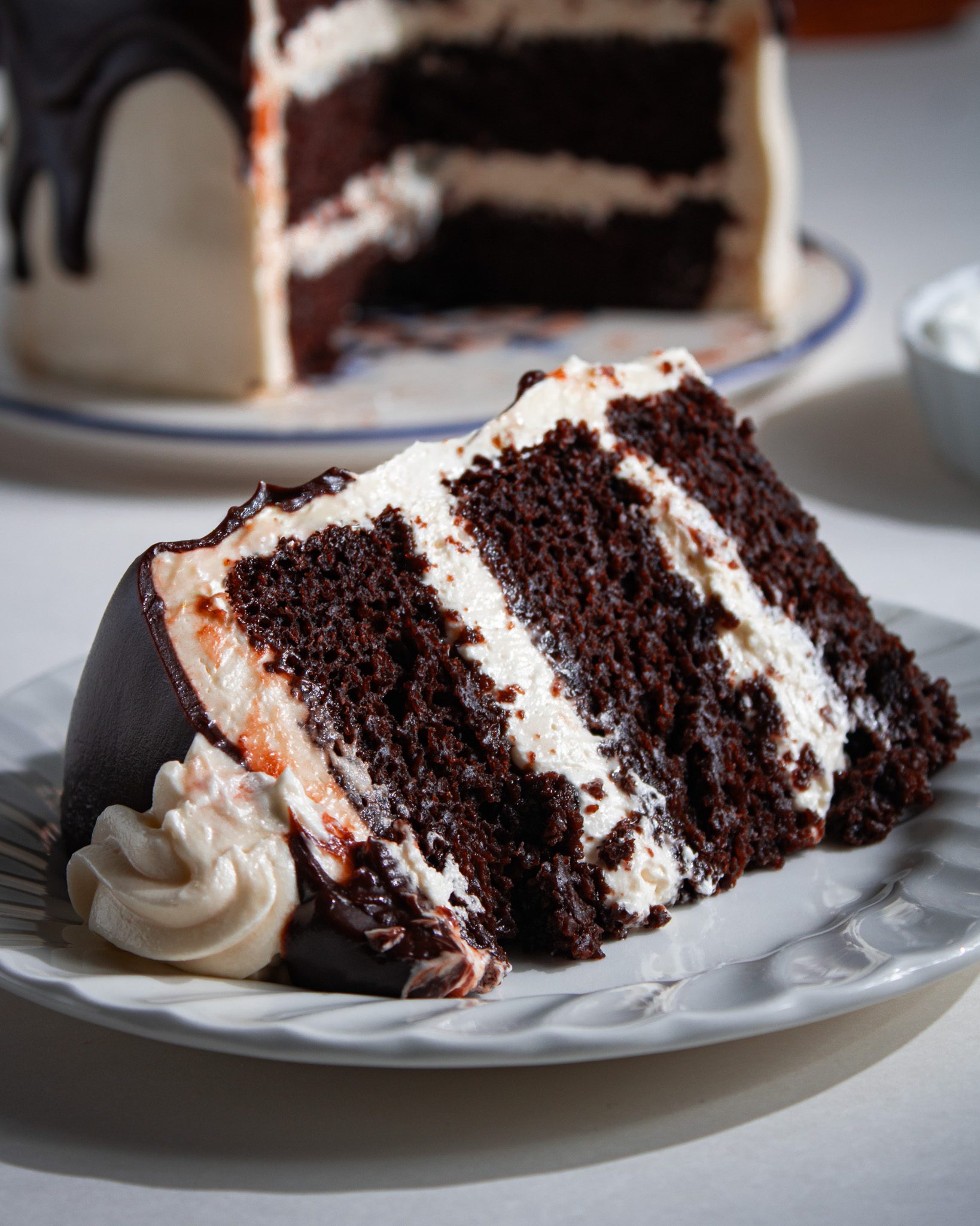 Homemade chocolate cake without eggs topped with fudge glaze