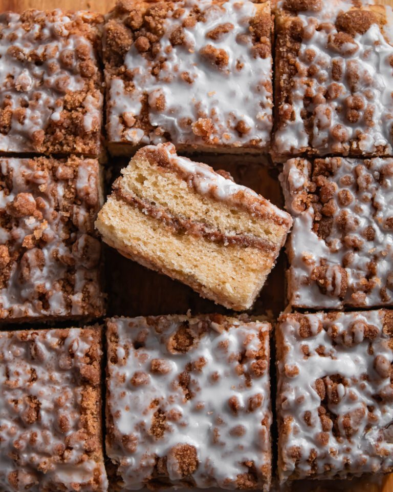 Close-up of cinnamon streusel topping on coffee cake