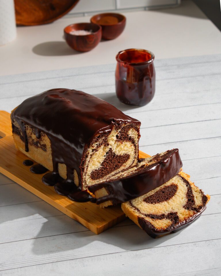 Close-up of dairy-free marble loaf cake with soft crumb texture