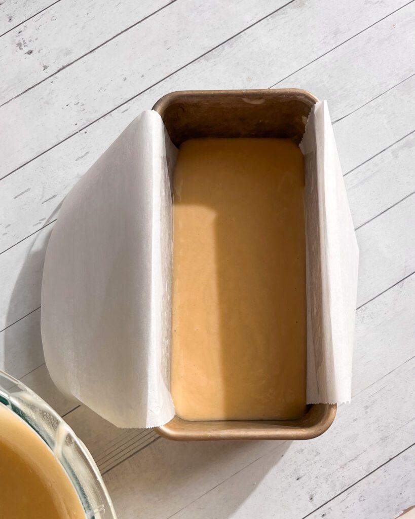 Marble pattern being created in loaf pan before baking