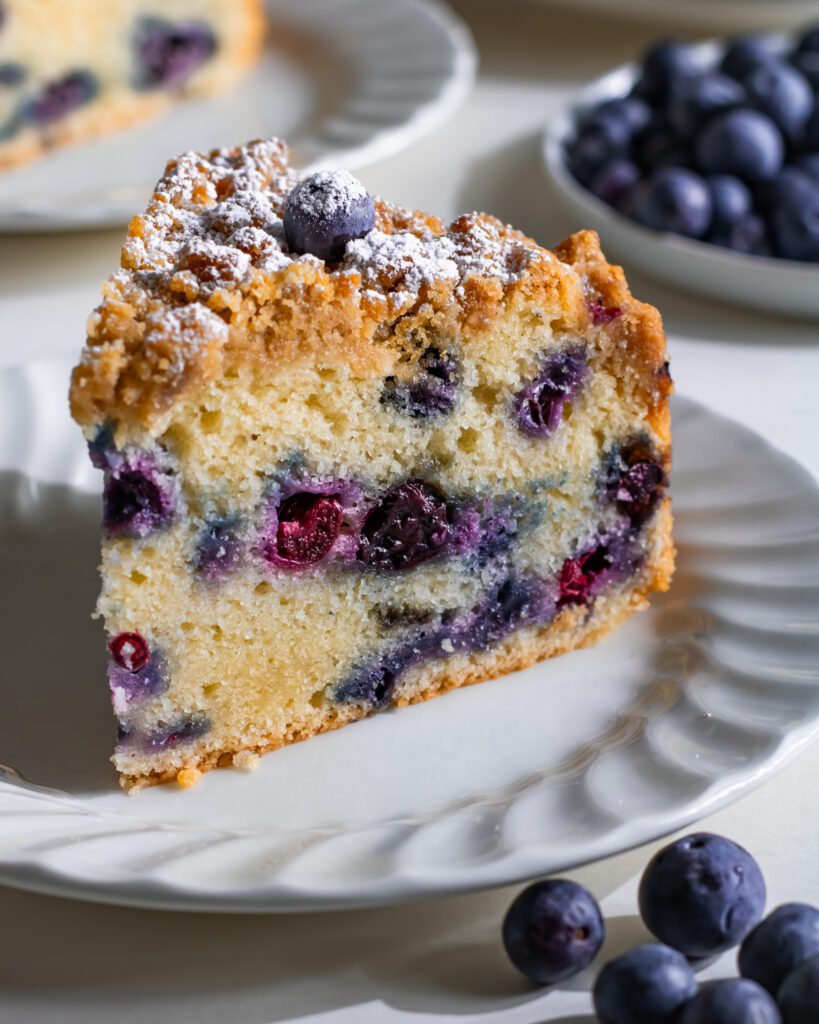 Homemade Blueberry Crumb Cake bursting with fresh blueberries.