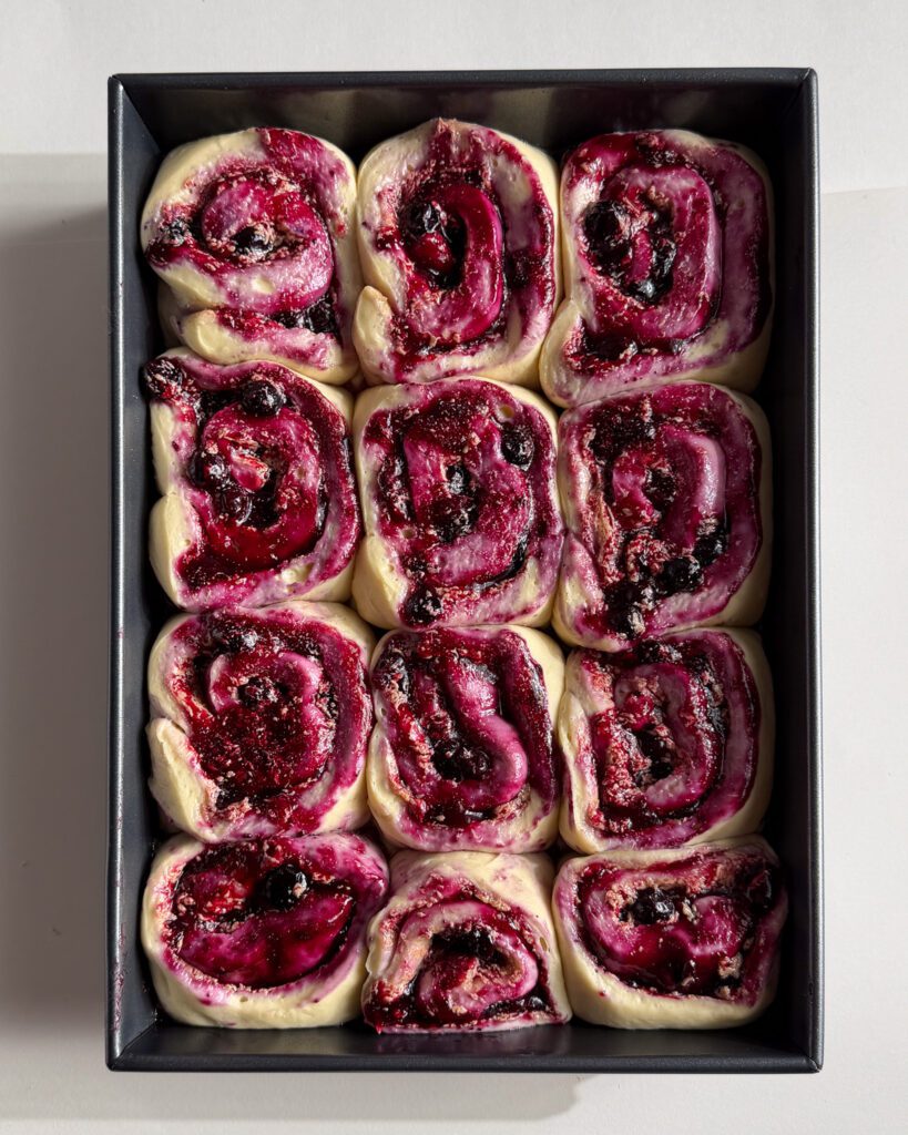 Arranging blueberry cinnamon rolls in a baking pan