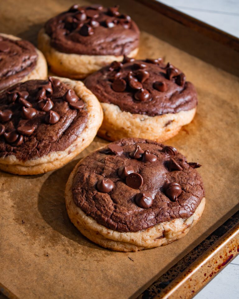Freshly baked brookie cookies with fudgy chocolate brownie tops