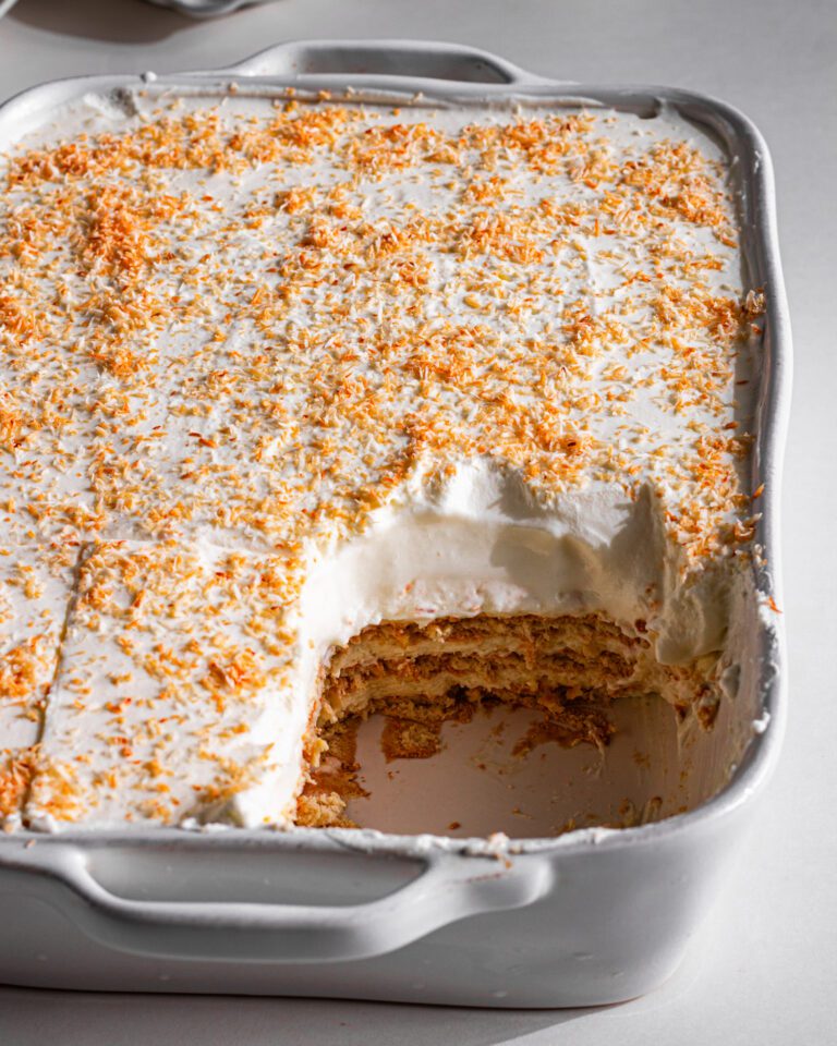 Homemade no-bake coconut dessert with toasted coconut