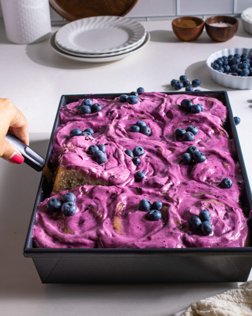 Soft and gooey eggless blueberry cinnamon rolls for serving