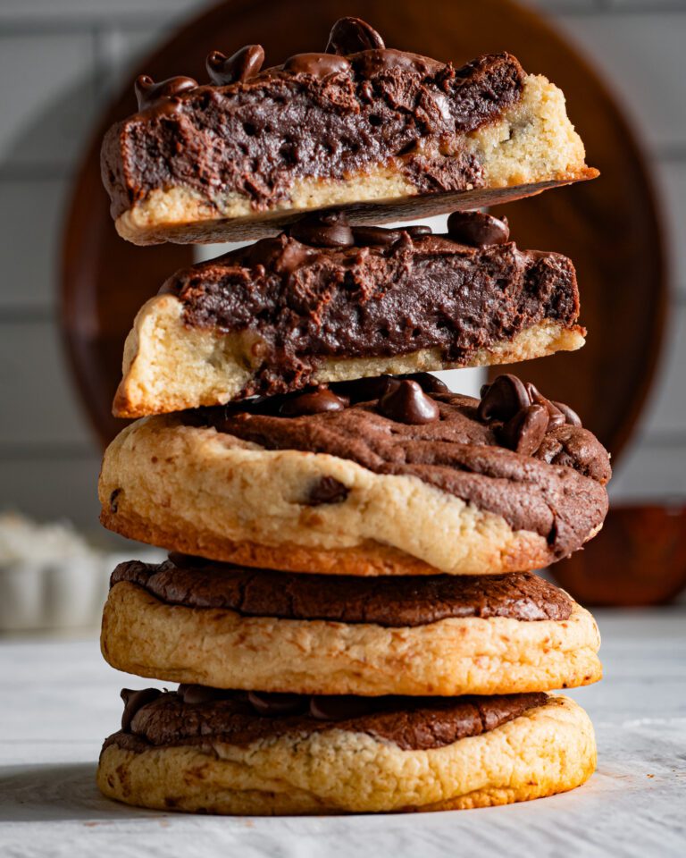 Stack of eggless brookie cookies with chocolate chips