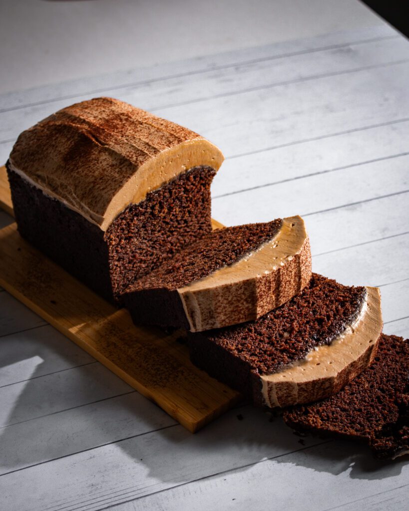 slices of Chocolate espresso loaf cake ready to serve