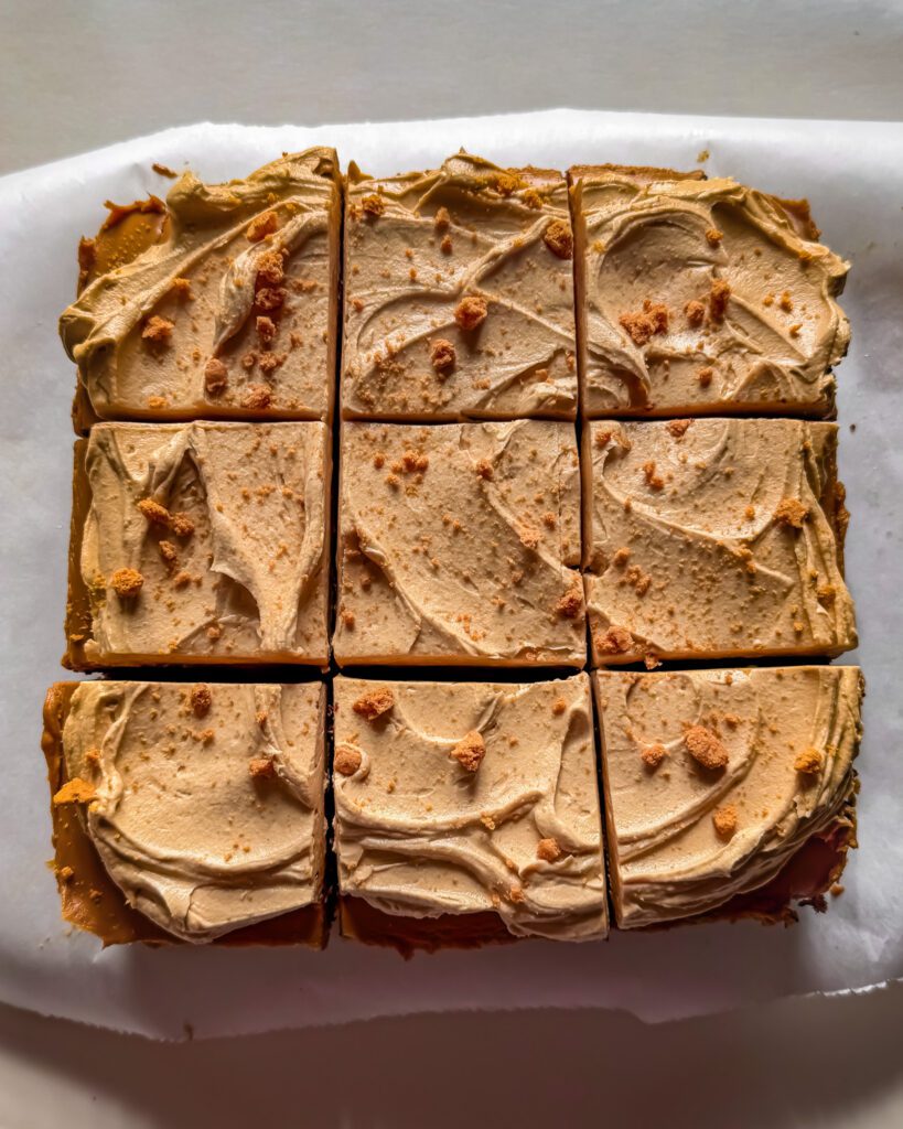 Chocolate Biscoff snack cake finished with a thick layer of cookie butter frosting