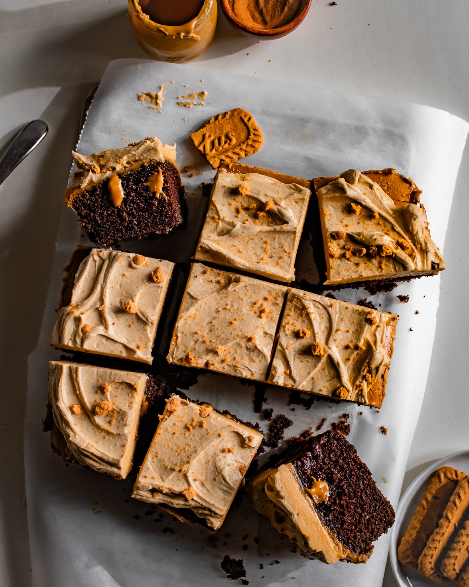 Eggless chocolate Biscoff snack cake topped with cookie butter and Biscoff buttercream