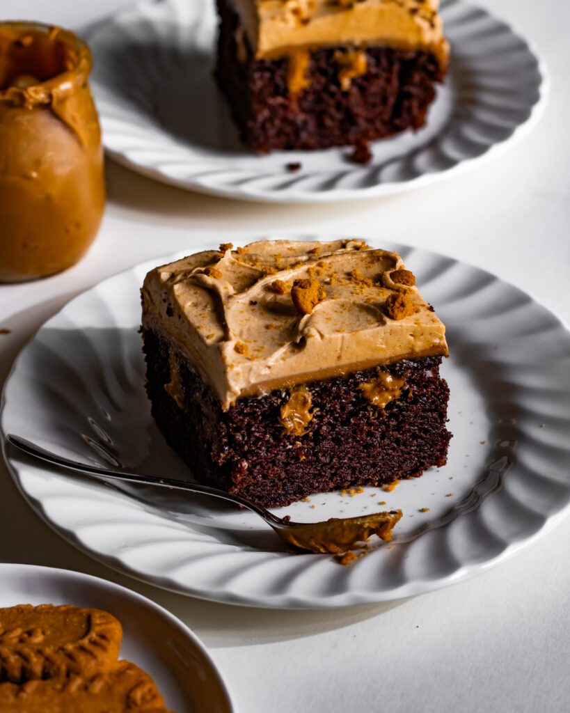 Slice of chocolate Biscoff snack cake showing the soft chocolate sponge and cookie butter layer